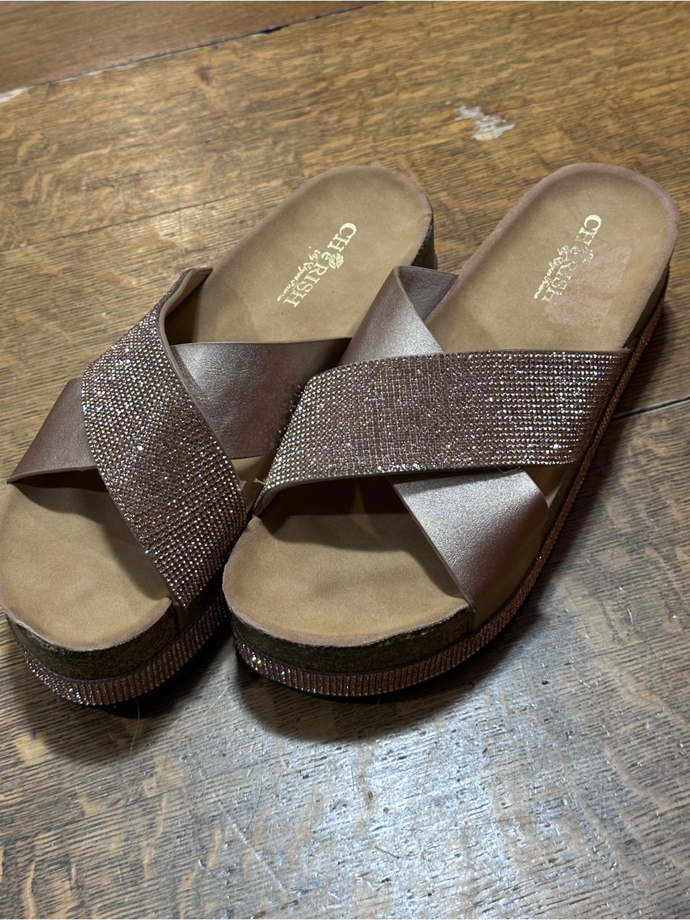 Cherish Metallic Rose gold glitter bling  Slide Sandals Sz 10 women’s